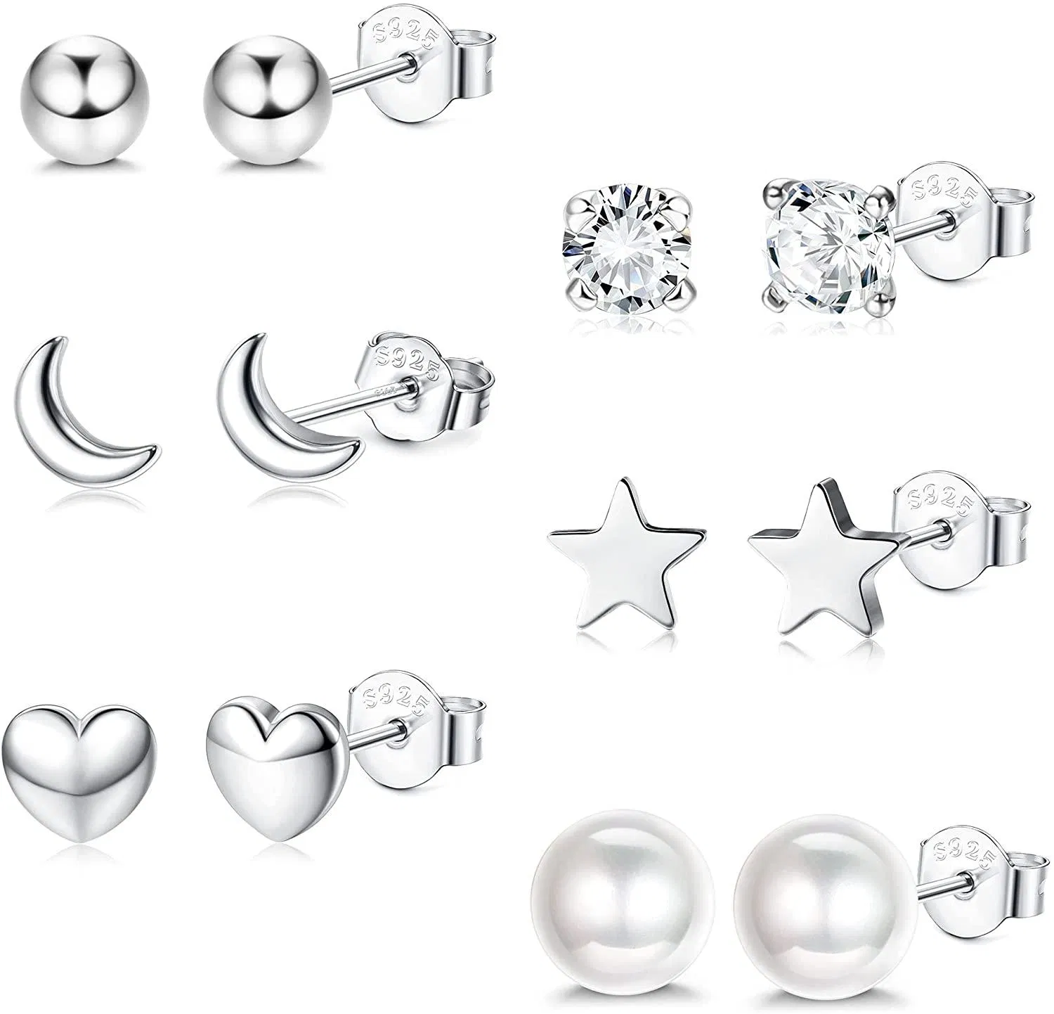 925 Sterling Sliver Tiny Stud Ohrringe für Frauen Mädchen hypoallergene Knorpel Ohrringe Set Cubic Zirkonia Ball Moon Star Herz Perlen Ohrringe Piercing Set