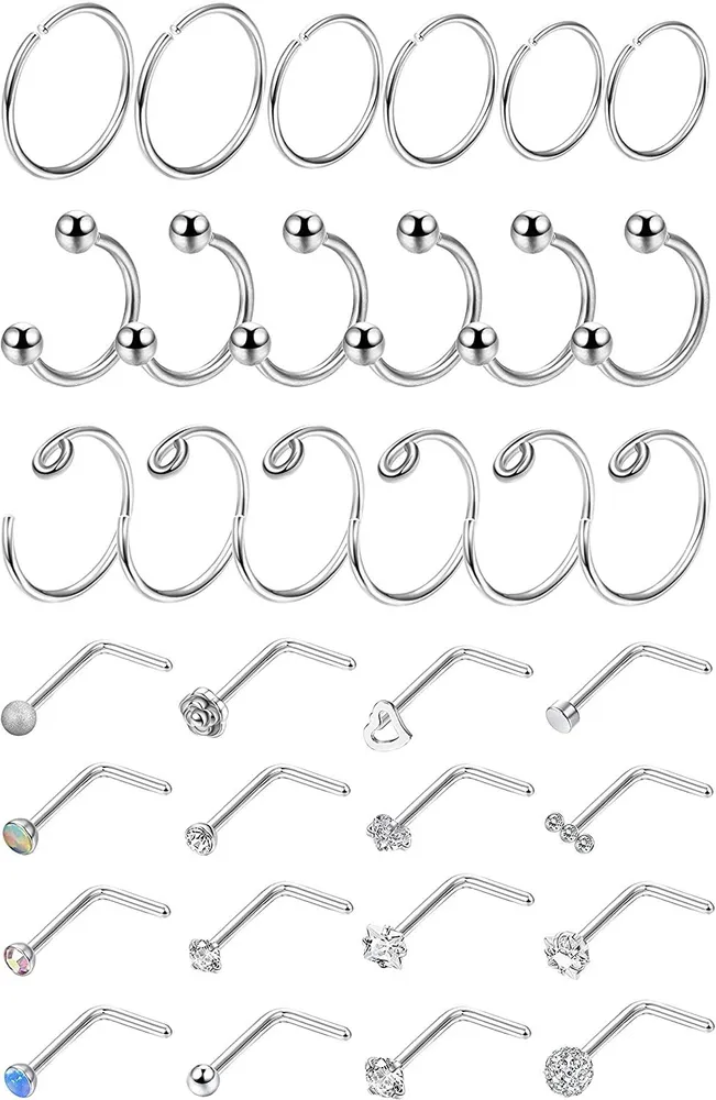 20G 34Pcs Edelstahl L Knochen-Schraube geformte Nasen-Sticks Nasen-Ringe CZ Hoop Tragus Knorpel Nasen-Ring Labret Nasen-Piercing für Frauen Männer