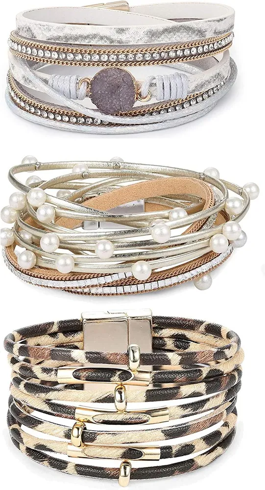 3pcs mehrschichtiges Ledermanchette-Armband für Frauen geflochtenes Wrap-Armband Bohemian Druzy Perlen Perlen Leopard Ledermanchette-Armband Frauen Geschenke
