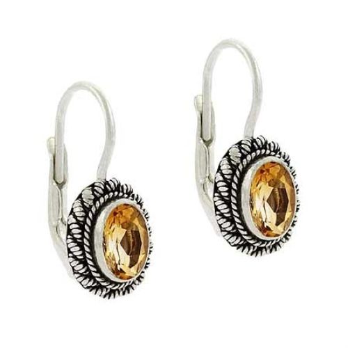 Sterling Silber .925 Original Citrine Stone Oval Twist Border Dangle LeverBack Lever Back Earrings
