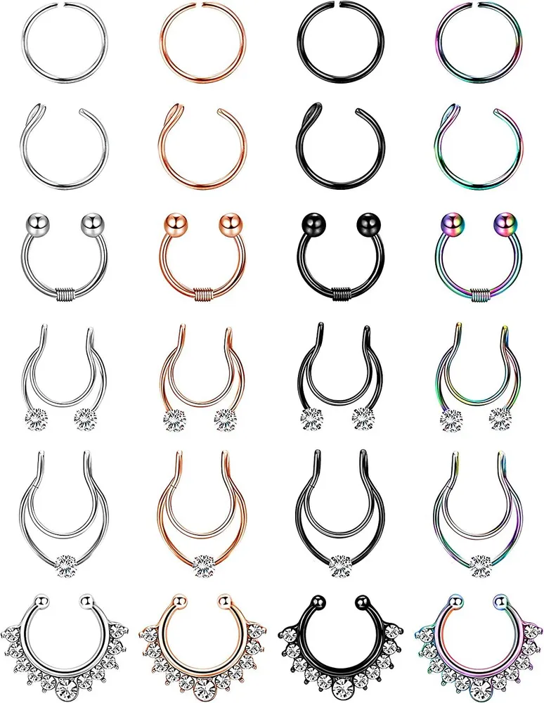 24Pcs Falsche Nase Ringe Hoop Edelstahl Faux Lippe Ohr Nasen Ringe Nicht-Pierced Clip auf Nasen Ringe für Frauen Männer Faux Nasen Ring Piercing Schmuck