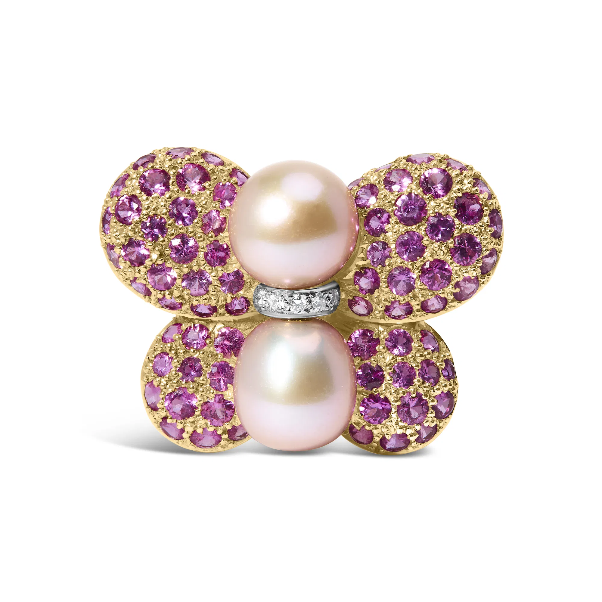 18 Karat Gelb und Weißgold 9MM Südseeperle und rosa Saphir Schmetterlingsnadelbroche mit Diamant-Akzent (F-G - Farbe, VS1 - VS2 Klarheit)