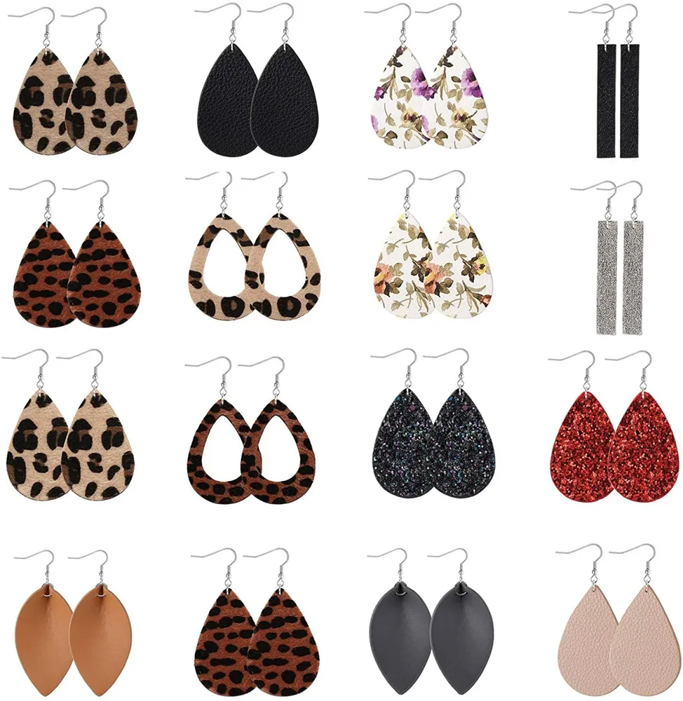 16 Paare Leder Tränentropfen Dangle Ohrringe für Frauen Petal Leopard Print Leaf Drop Antique Leichtgewicht Ohrringe