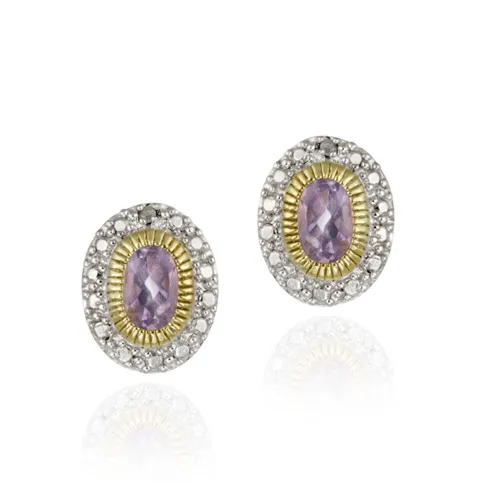 Sterling Silber & 18 Karat Gold über Silber Zwei-Ton - Diamanten Akzent & Amethyst Oval Ohrringe