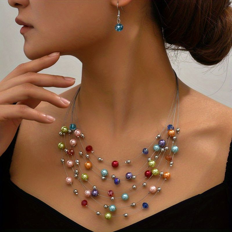 Ethnische Multilayer farbenfrohe Perlen Halskette & Ohrringe Set für Frauen simulierte Perlen Kristall Schmuck Set Persönlichkeit Partei Favoriten