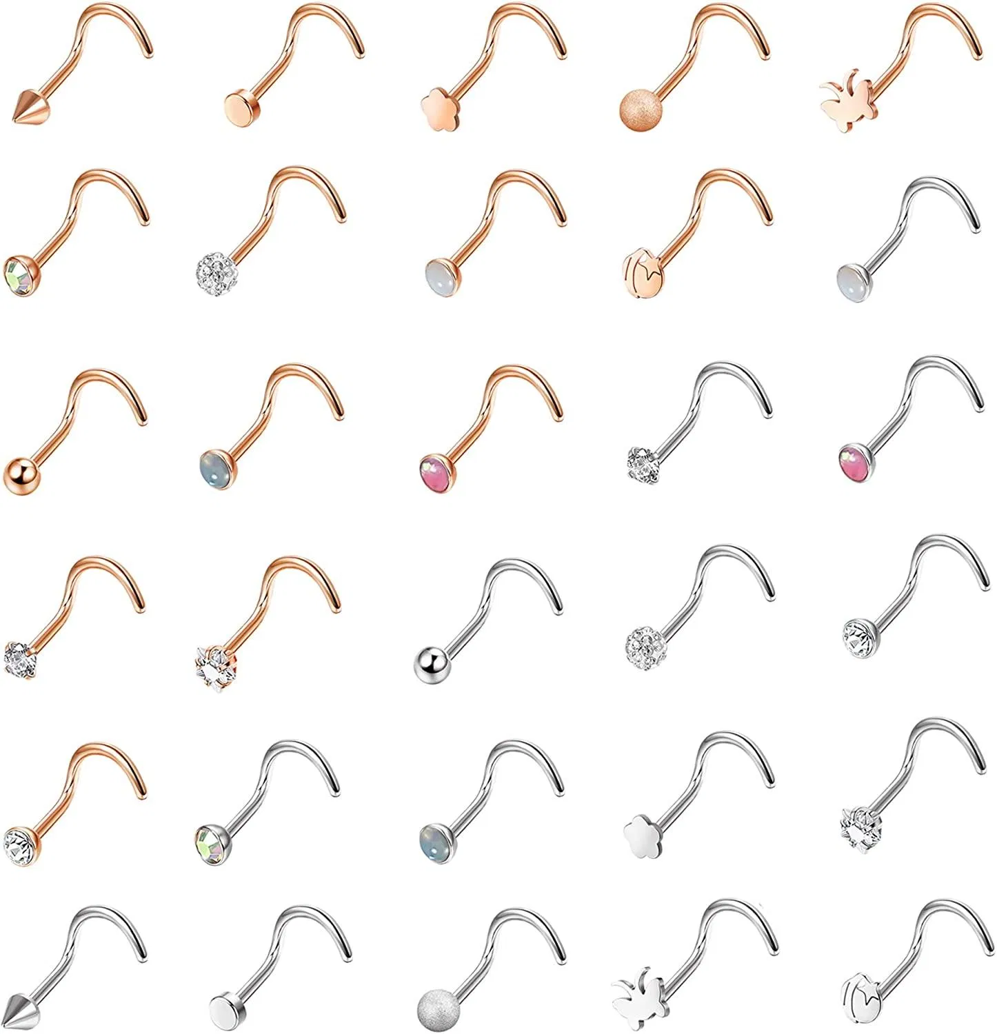 30Pcs 20G Chirurgische Nasenringe Studs Set 2mm 2.5mm 3mm Schraube L-förmigen Knochen für Frauen Männer CZ Inlaid Opal Nasenloch Nasen Piercing Schmuck