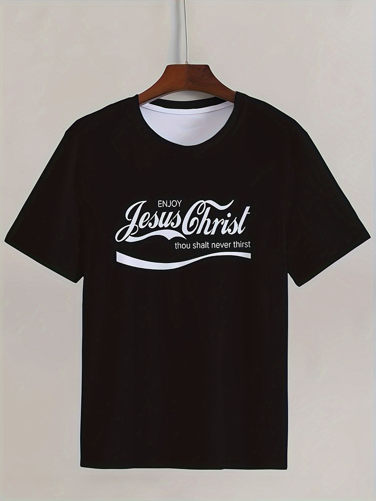 Herren Casual Round Neck T-Shirt mit Jesus Christus Muster, leicht elastisch, regelmäßiges Muster, geometrisches Muster, Kurzärmiges T-Shirt, geeignet für Zuhause, Reisen und Straßenkleidung