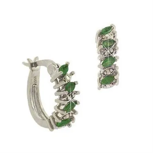 Sterling Silber .925 Echte Smaragdstein Marquise Cut Echte Diamanten Akzent Hoop Ohrringe