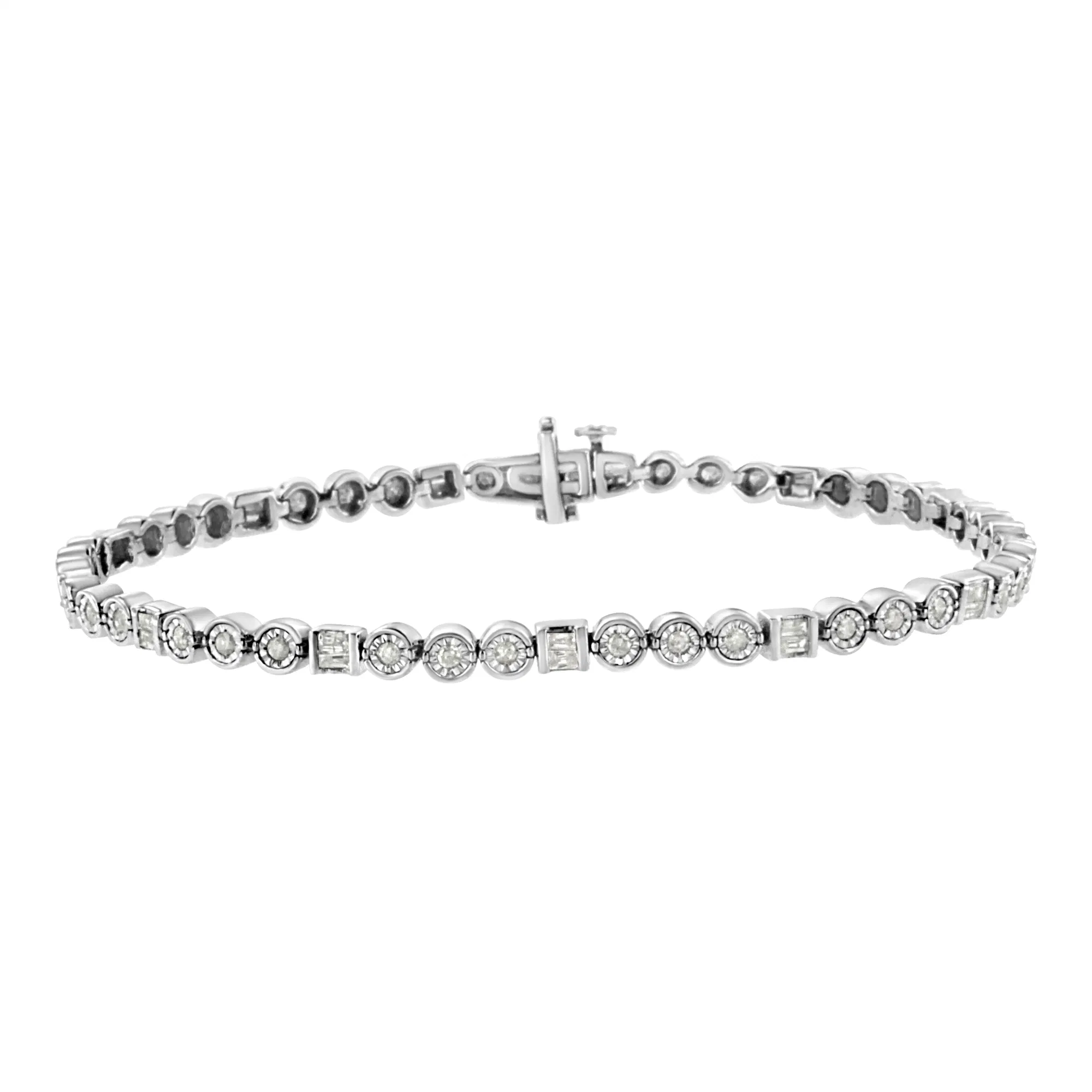 .925 Sterling Silber 1.0 Cttw Wechselkanal-Set Baguette und Wunder-Set Round Diamond Link Armband (I-J Farbe, I3 Klarheit) - 7.25