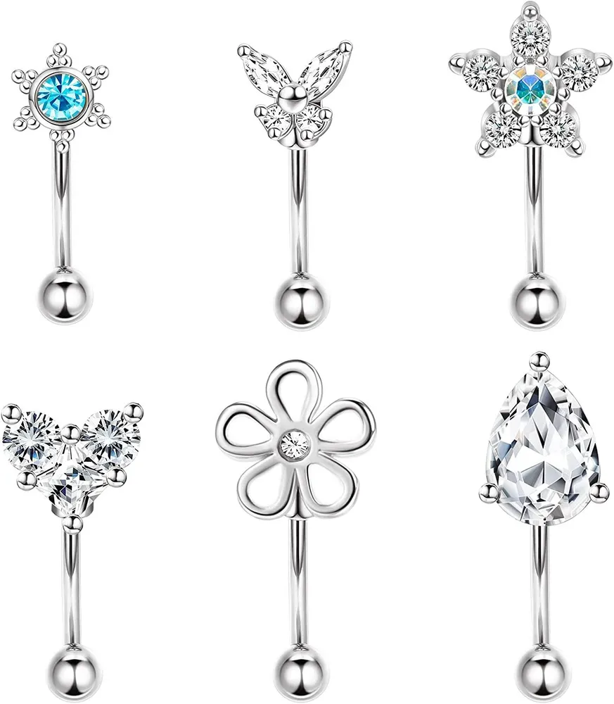 6pcs 16G Ohrringe für Frauen; Edelstahl Bauchknopfring; Lippenring; Knorpel Tragus CZ Körper Piercing Curved Barbell Augenbrauenringe