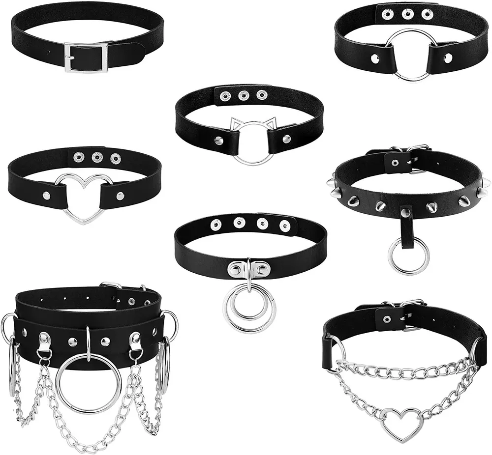 8 Stück Leder Choker Halskette für Frauen Punk Girls PU Leder Herz Spiked Choker Kragen Schwarz Leder Choker Halskette Set Goth Schmuck Cosplay Accessoires