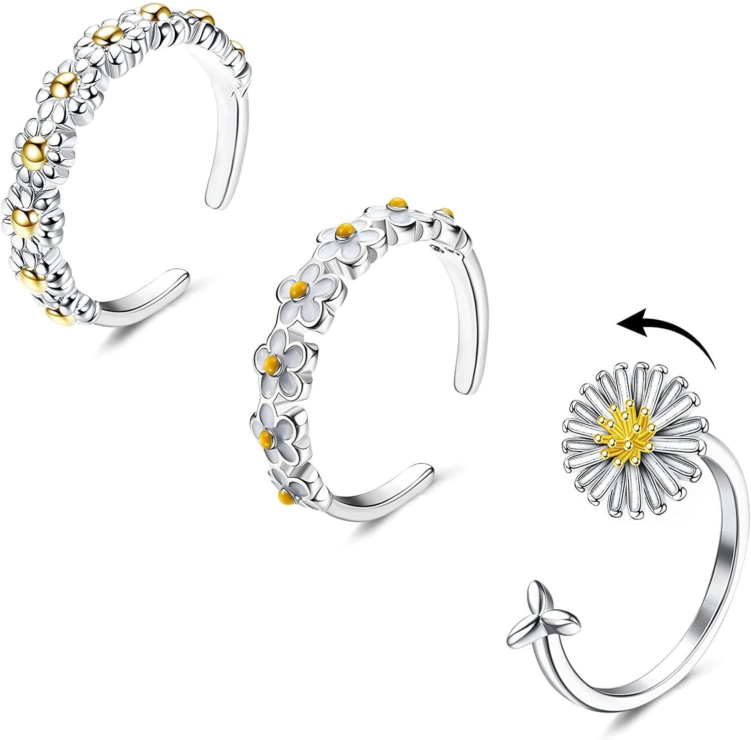 3pcs Fidget Angst Ringe Sonnenblumen Spinner Ring Kleiner Daisy Ring Tiny Dinty Flower Ring Stacking Verstellbare Öffnung Spinner Ring Casual Alltag Ring Frauen Mädchen Größe 7