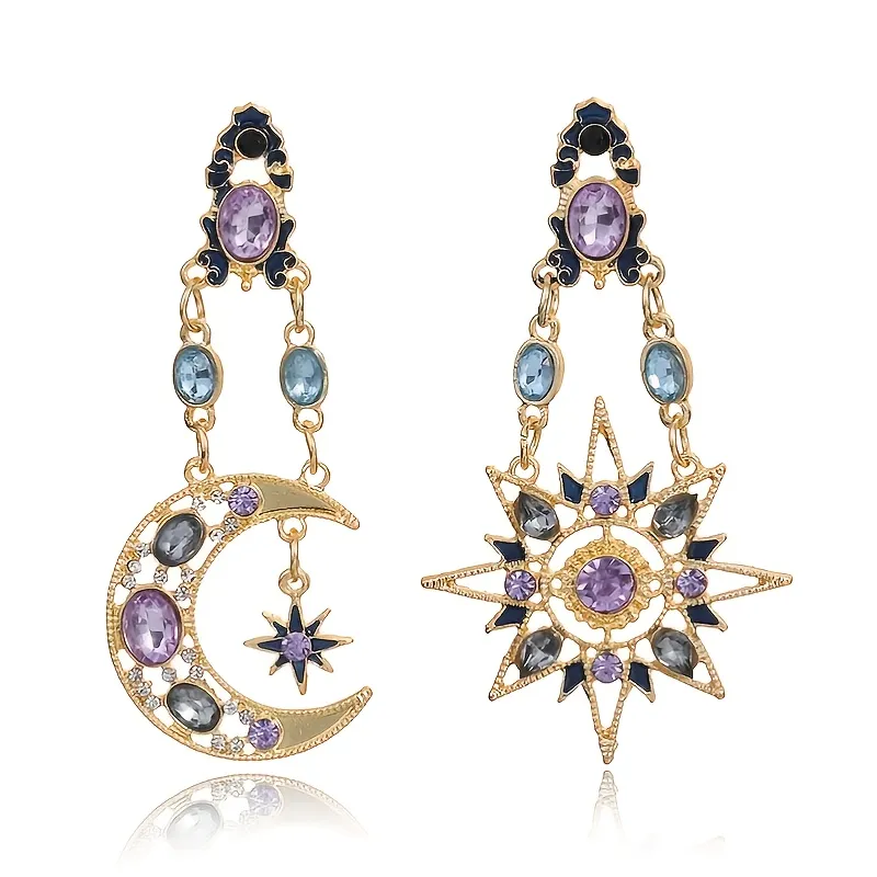 Sonne Mond Stars Drop Ohrringe Rhinestone Punk Ohrringe für Frauen Schmuck Golden Boho Vintage Hollow Asymmetric Ohrringe