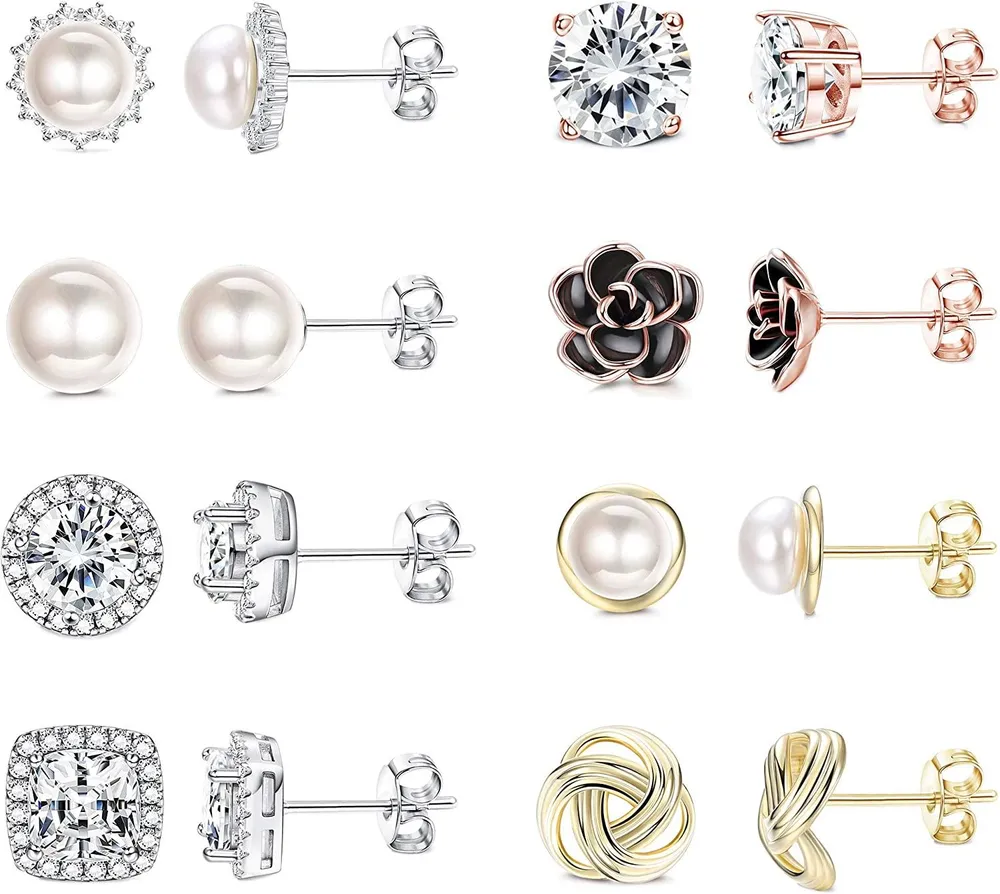 8Paare 18K Gold Plated Stud Ohrringe für Frauen Mädchen Rose Blume Round Square CZ Simulierte Diamant Halo Frischwasser Perle Twist Knoten Ohrringe Studs für Frauen Mode