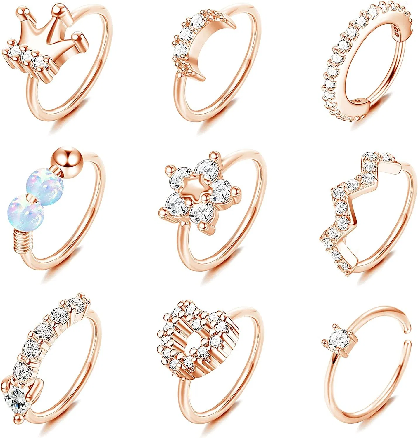 9pcs 20G Schleife Nasen Ringe gepflastert CZ Edelstahl Nasen Hoops für Frauen Männer Nasen Piercings Schmuck Opal Nasen Ringe Hoops 8mm