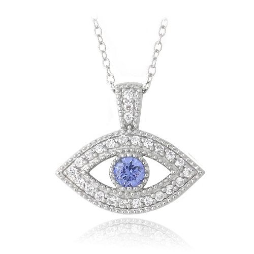 Sterling Silber Tanzanit & Clear CZ Evil Eye Halskette