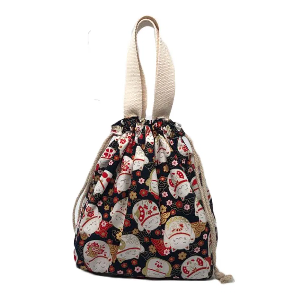 Japanischer Stil süße Mittagessen-Box Bento Tasche schwarz Fortune Katze Zeichnseile Canvas Mittagessen-Tasche große Kapazität Mittagessen Tote Tasche