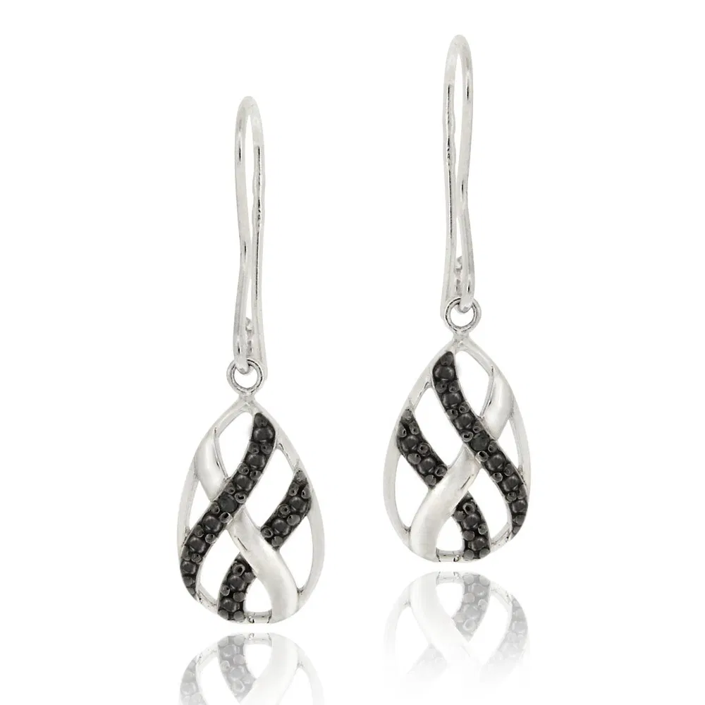 Sterling Silber Schwarz Diamant Akzent Gewebte Tränentropfen Dangle Ohrringe