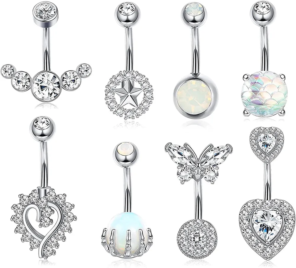 Chirurgische Bauchknopfringe für Frauen Opal Fischskala Halo Doppelherz Schmetterling Runde Nabelringe gekrümmte Barbell Clear CZ Bauch Piercing 14G 8Pcs