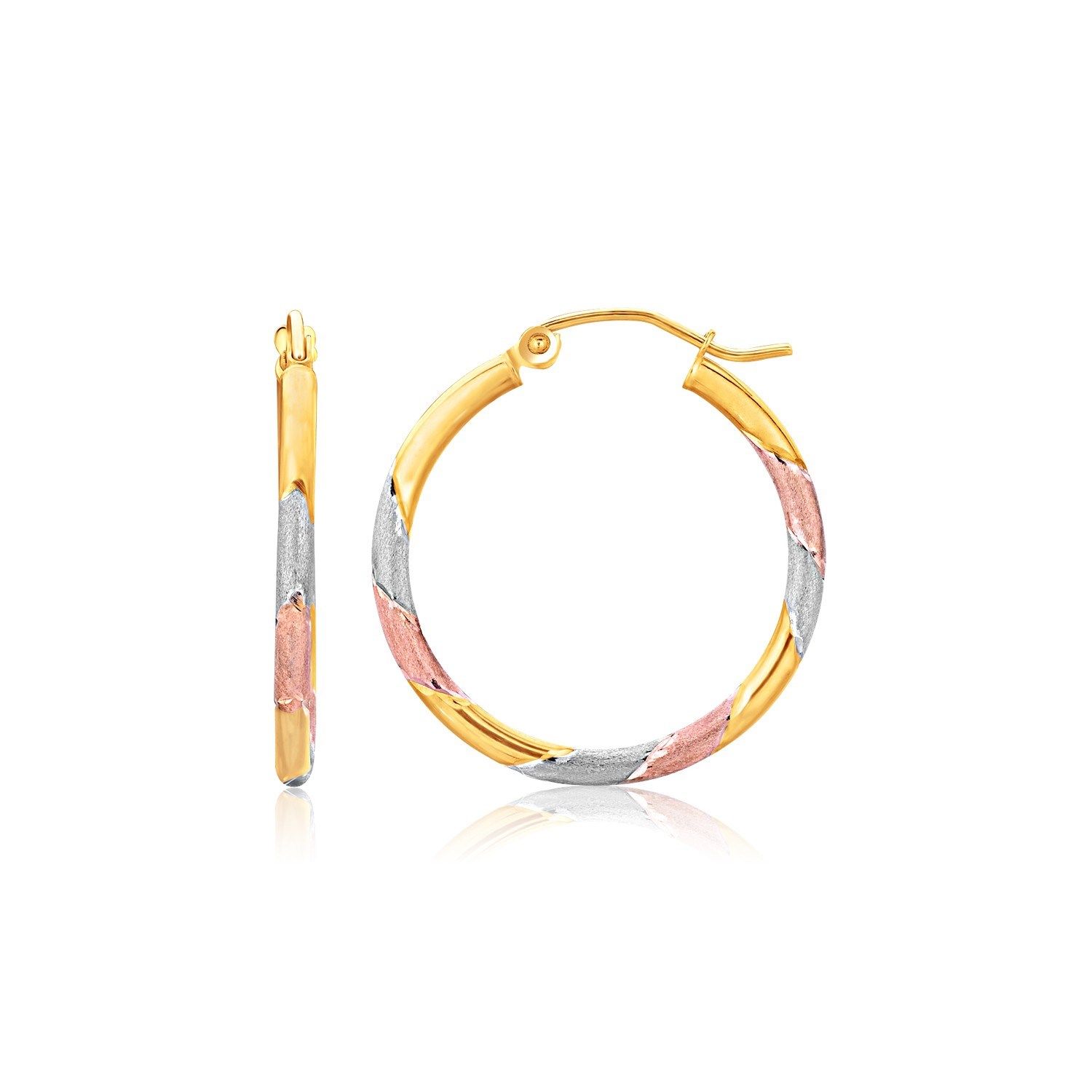 10k Tri-Color Textured Hoop Ohrringe (1 Zoll Durchmesser)