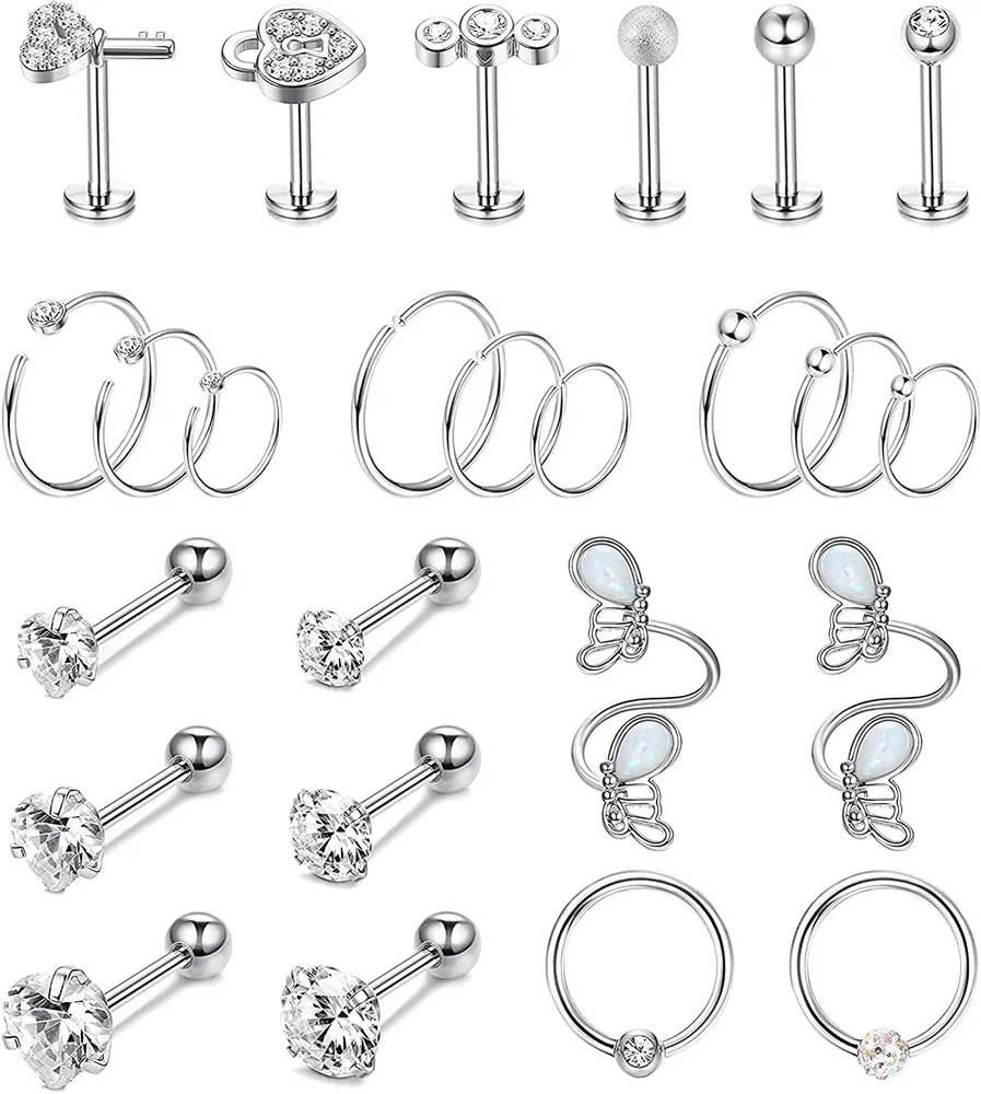 25pcs 16G Edelknorpel Ohrringe Piercing Set Für Frauen Männer Stud Hoop Twist Spiral Ohrringe Conch Daith Tragus Rook Helix Nasenring Piercing