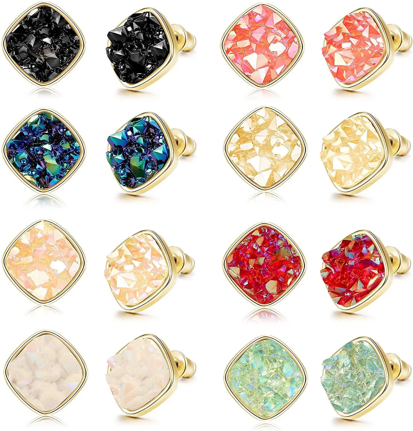 8 Paare Harz Quadrat Faux Druzy Stone Stud Ohrringe Set für Frauen Männer Gold Plated Mode Ohrringe Schmuck 10MM