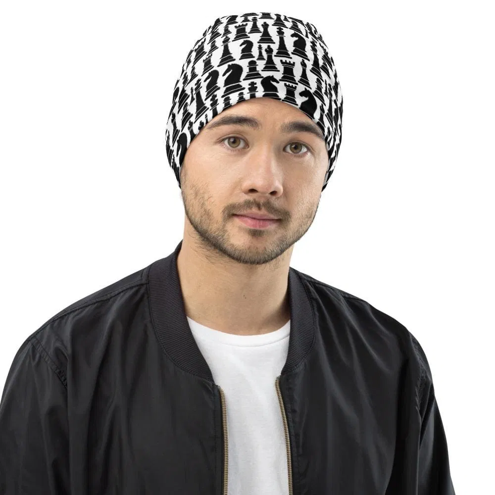 Beanie Hut - Schwarz / Weiß Schach Grafik - Männer / Frauen