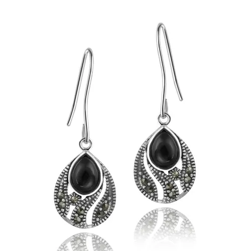 Sterling Silber Onyx & Marcasite Teardrop Dangle Ohrringe