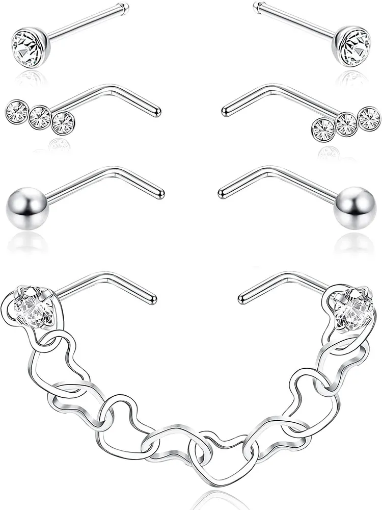 Nasenkette Nasenring Nasenloch Piercing Kette Doppel-Nase - Ring-Kette 316L Edelstahl-Nase - Ringe L-geformt und Herz-Nase - Kette Nasenloch Piercing Kette Nasenloch Piercing Schmuck