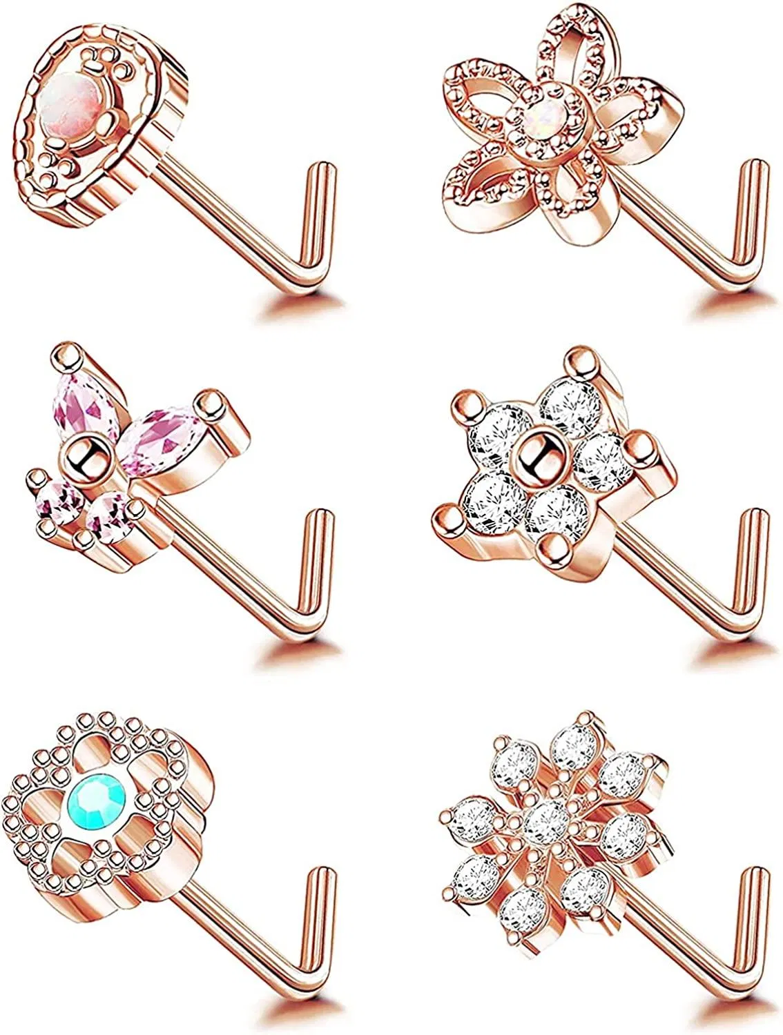 6pcs 20G Edelstahl Nasenringe Studs CZ L-Form Schmetterling Schneeflocken Blume Nasen Studs Schraubenringe Körper Helix Piercing Schmuck
