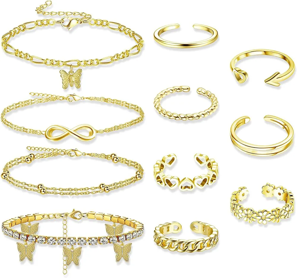 Anknögel Toe Ringe Set für Frauen Schmetterling Anknögel Armbänder Boho Schichtketten Anknögel Offene verstellbare Toe Ringe Strand Fuß