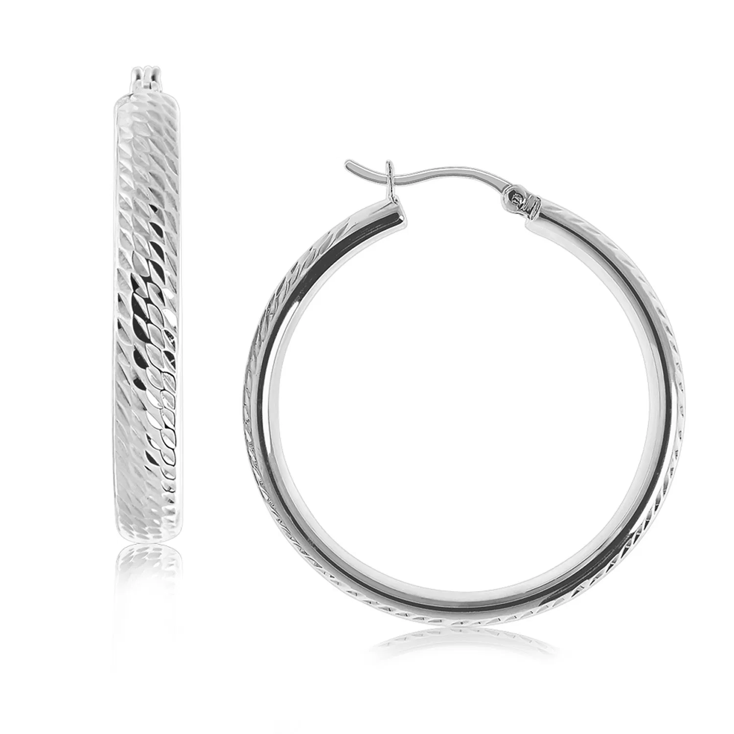 Sterling Silber Rhodium Plated Hoop Marquise Motif Diamond Cut Ohrringe (3x30mm)
