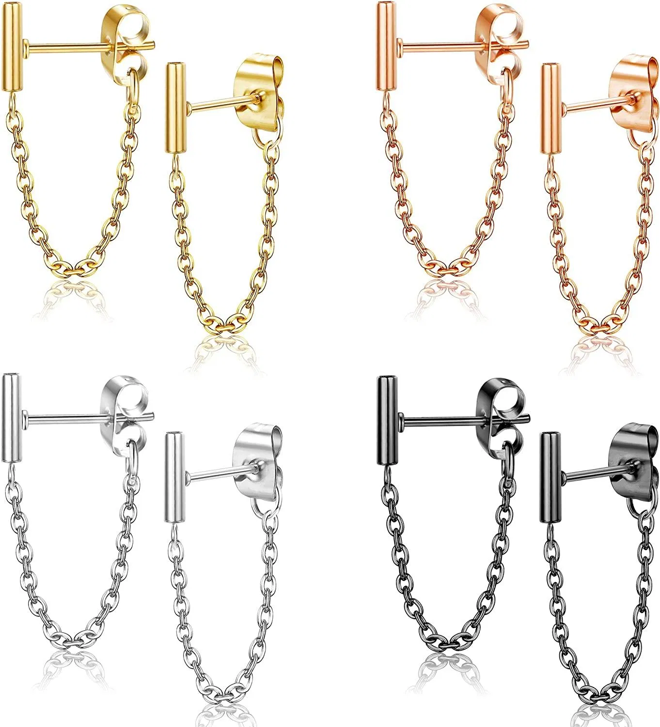 4 Paare minimalistische Bar Stud Ohrringe mit Ketten-Dangle - Ohrringe für Frauen Männer Tiny Line Chain Ohrring Set