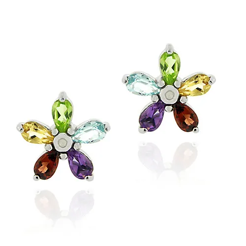 Sterling Silber Multi Edelsteine & Diamanten Akzent Blumen Ohrringe