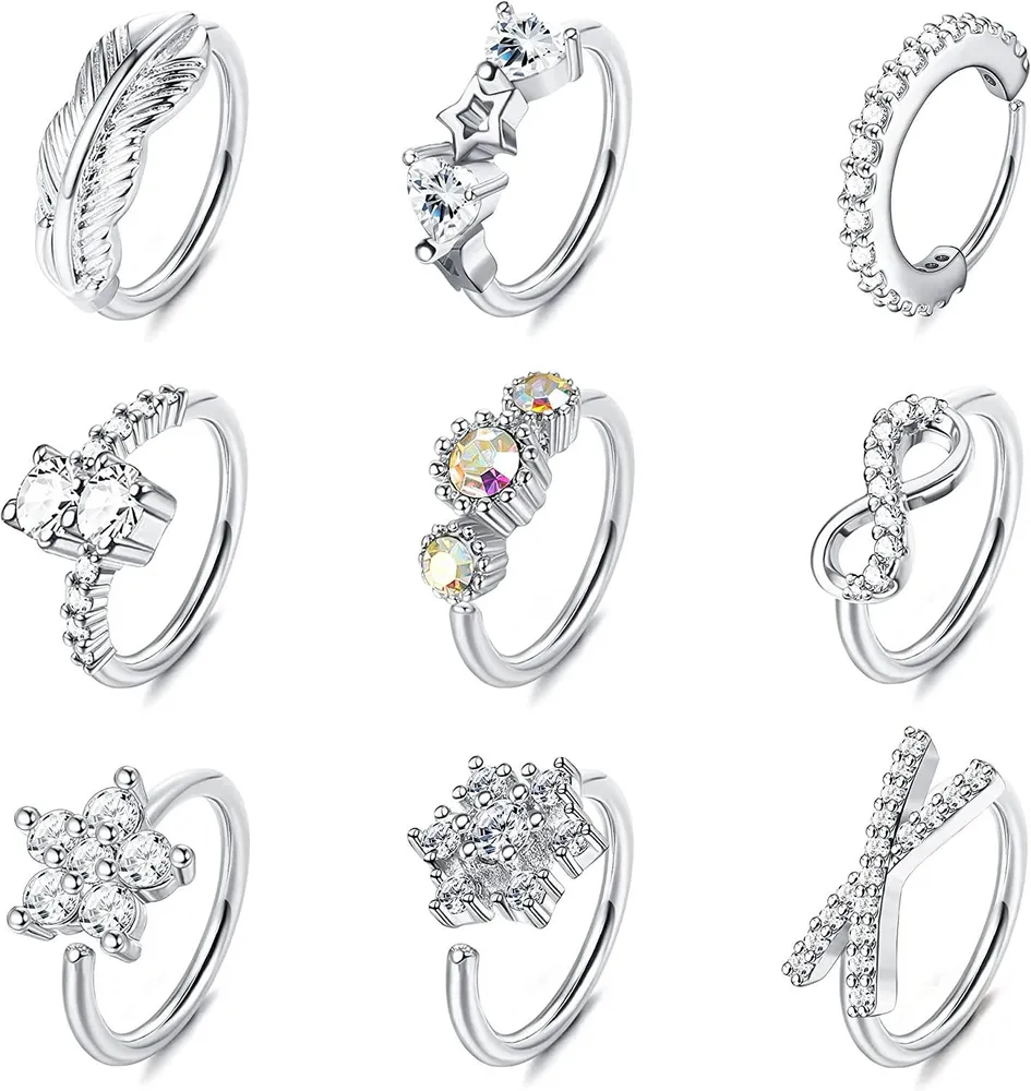 9CS 20G Nasenringe Schleife für Frauen Männer Edelsteinpflastert CZ Blatt Schmetterlingsblume Nasenschleife Ringe Crross Knorpel Helix Ohrringe Körper Piercing Schleife für Nasen Ohr