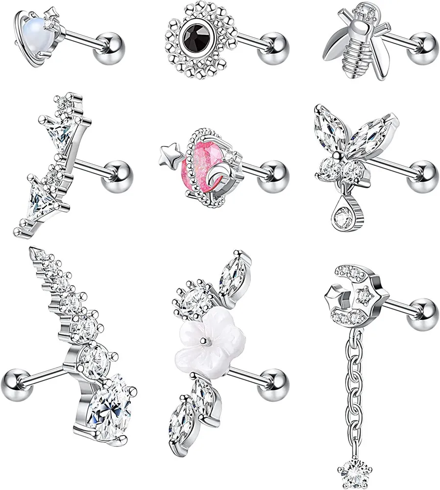 9pcs Knorpel-Staple - Ohrringe für Frauen; Edelstahl Cubic Zirkonia Knorpel Kletterer-Staple - Ohrringe Mond Schmetterling-Staple - Ohrringe Knorpel Piercing Schmuck