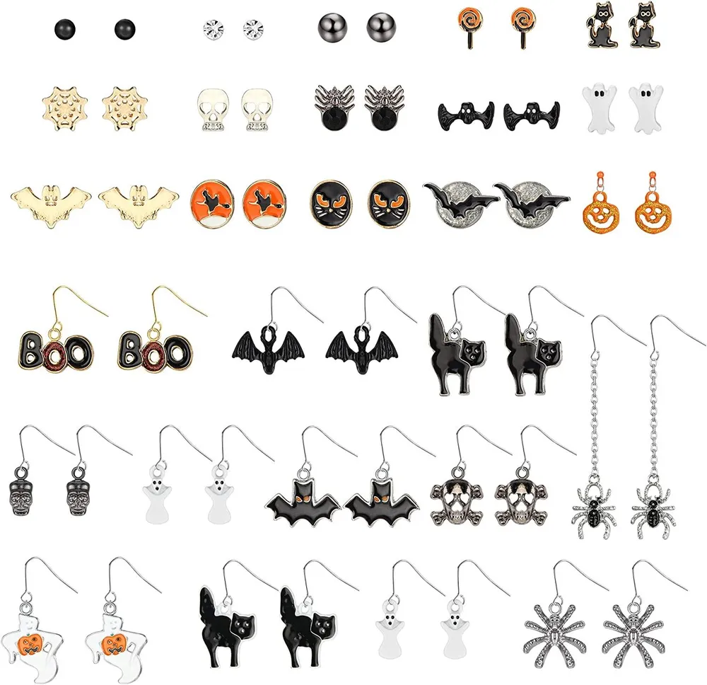 27 Paare Halloween-Ohrringe für Frauen Mädchen Drop Dangle-Ohrringe Spider-Web Bat Katze Spider Ghost Spooky Halloween-Stam Ohrring Set Halloween für Party