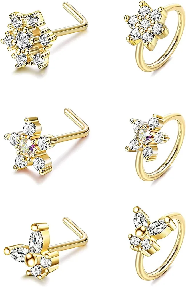 6pcs 20G Blume Nasenringe L-geformte Nasenringe Nasenhoop Piercing Ring Schneeflocken Nasen-Stamm Nasen-Hoop - Ringe Schmetterling CZ-Hoop - Nasen-Stamm für Frauen Männer