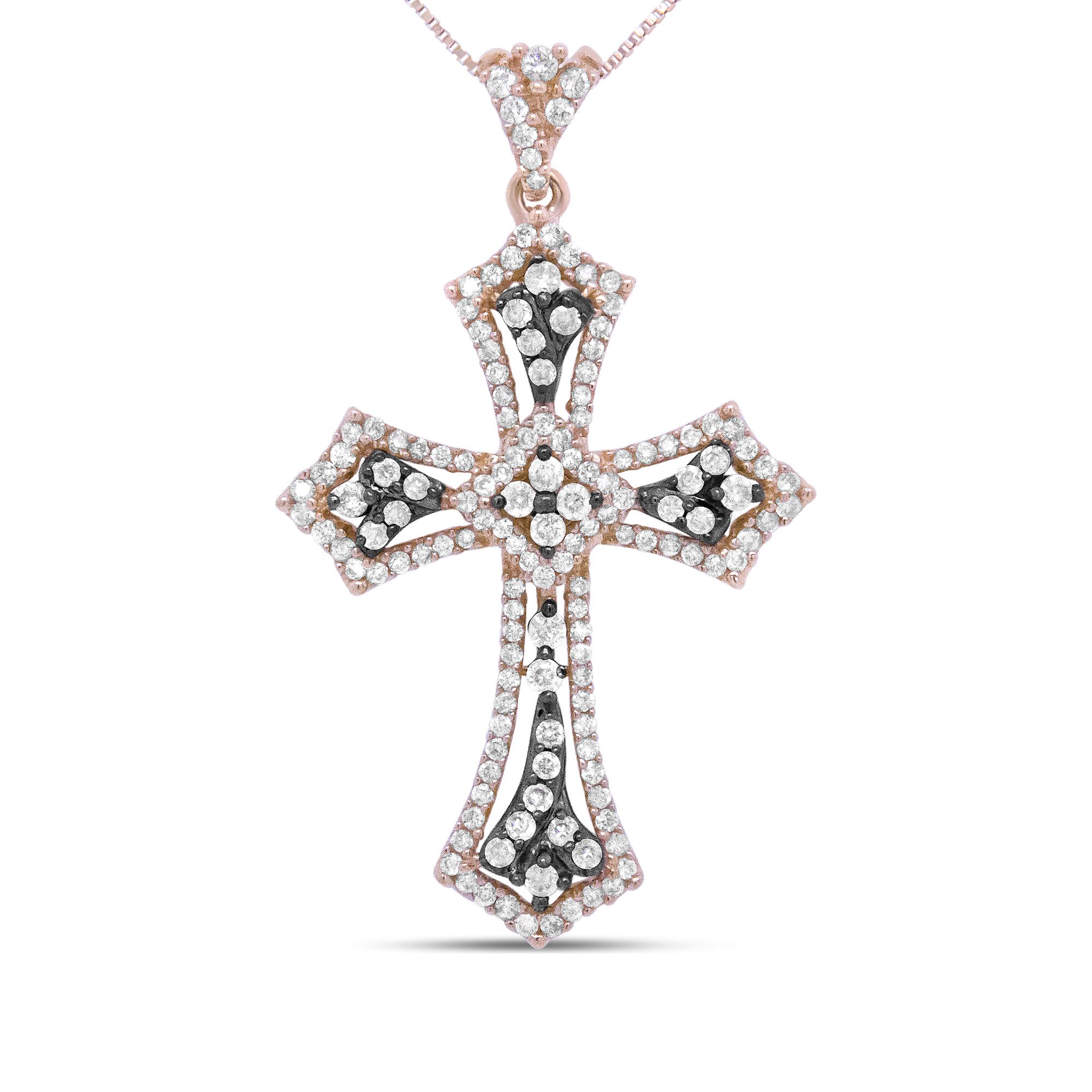 14 Karat Rosengold und Schwarz Rhodium 1,0 Cttw Diamant Verzierter Vintage St. James Budded Cross Anhänger 18