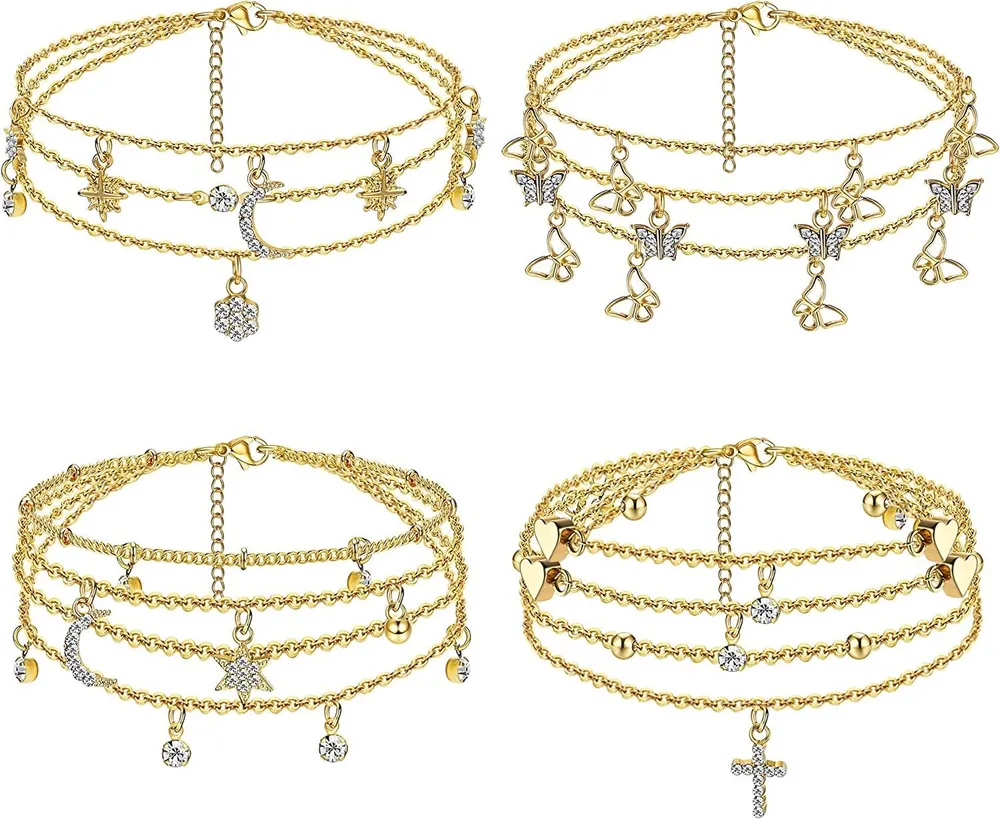 4pcs Dainty / 14K Gold beschichtete Ankleber Armbänder für Frauen Teenager süße Kubik Zirkonia Herz Schmetterling Stern Mond Strand Ankleber