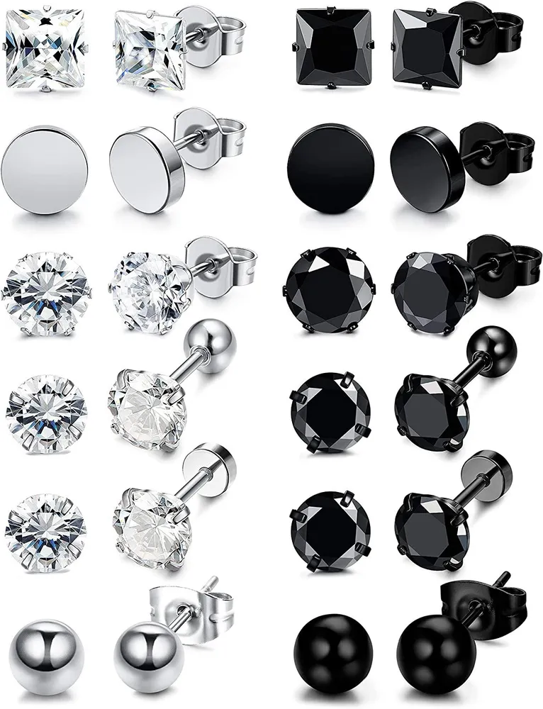 12 Paare Edelstahl Schwarz-Weiß - Stud-Ohrringe für Männer Frauen Cool CZ Ohr Piercing Ohrring Schmuck 3 - 8mm