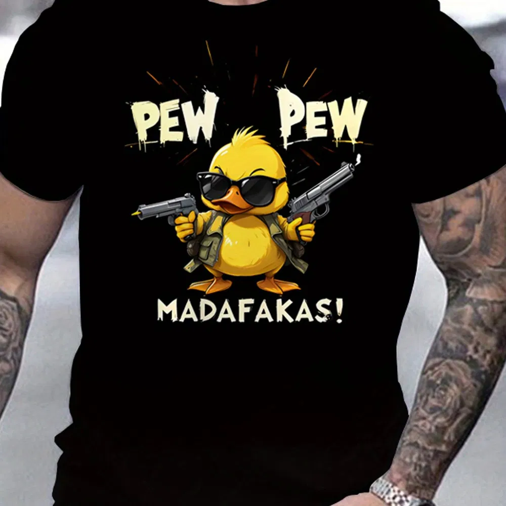 Fun Duck Pattern T-Shirt - Atmungsaktiv und feuchtigkeitsabsorbierende Polyesterfaser, Casual Round Neck Short Arm, Herren Sommer Mode Top