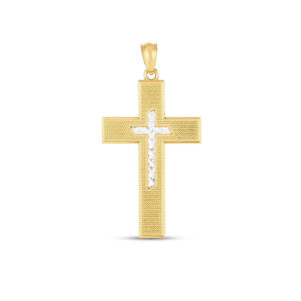 14 Karat Zwei-Ton - Gold High Polish Diamond Cut Cross Anhänger