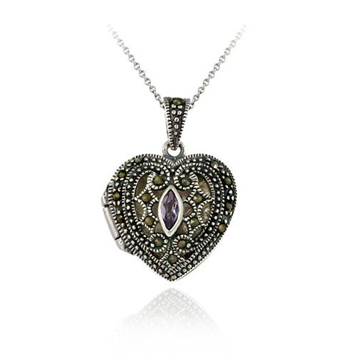 Sterling Silber echte Marcasit Amethyst Herz Locket Anhänger