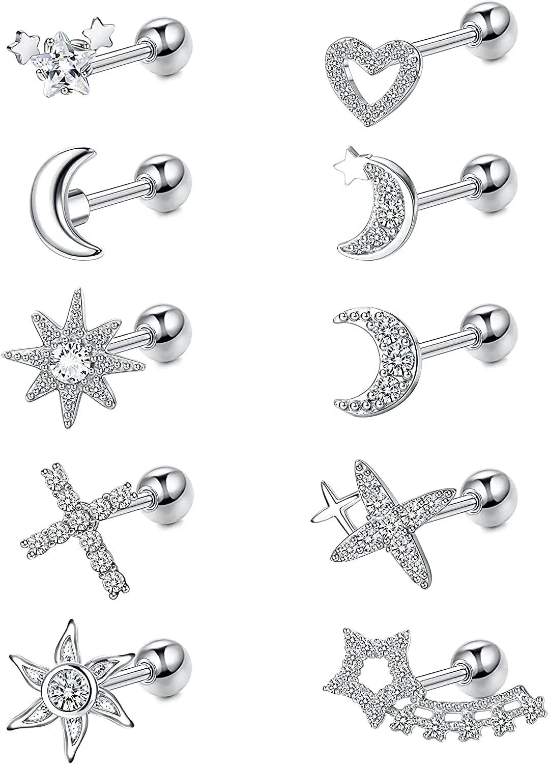 10PCS 18G Knorpel Ohrringe für Frauen Männer 316L Edelstahl CZ Mond Kreuz Herz Blumen Knorpel Stump Ohrring Tragus Ohrringe Vorwärts Helix Conch Piercing