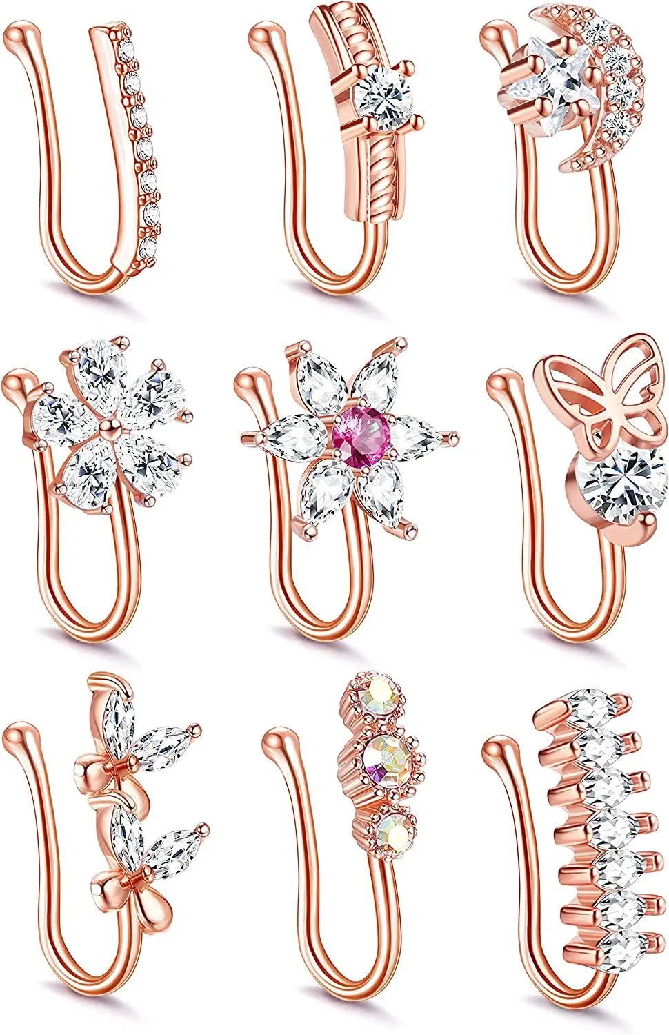 9Pcs Nasenmanschette Falsche Nasenring Clip auf Nasenring Eingezogen CZ Faux Nasenringe Knorpel Tragus Ring Nasenmanschette Nicht Piercing für Frauen Männer