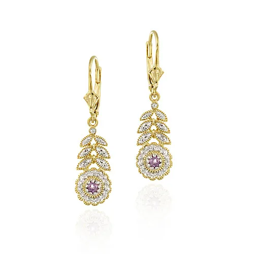 18 Karat Gold über Sterling Silber Amethyst & Diamantblume w / Blätter Leverback Ohrringe
