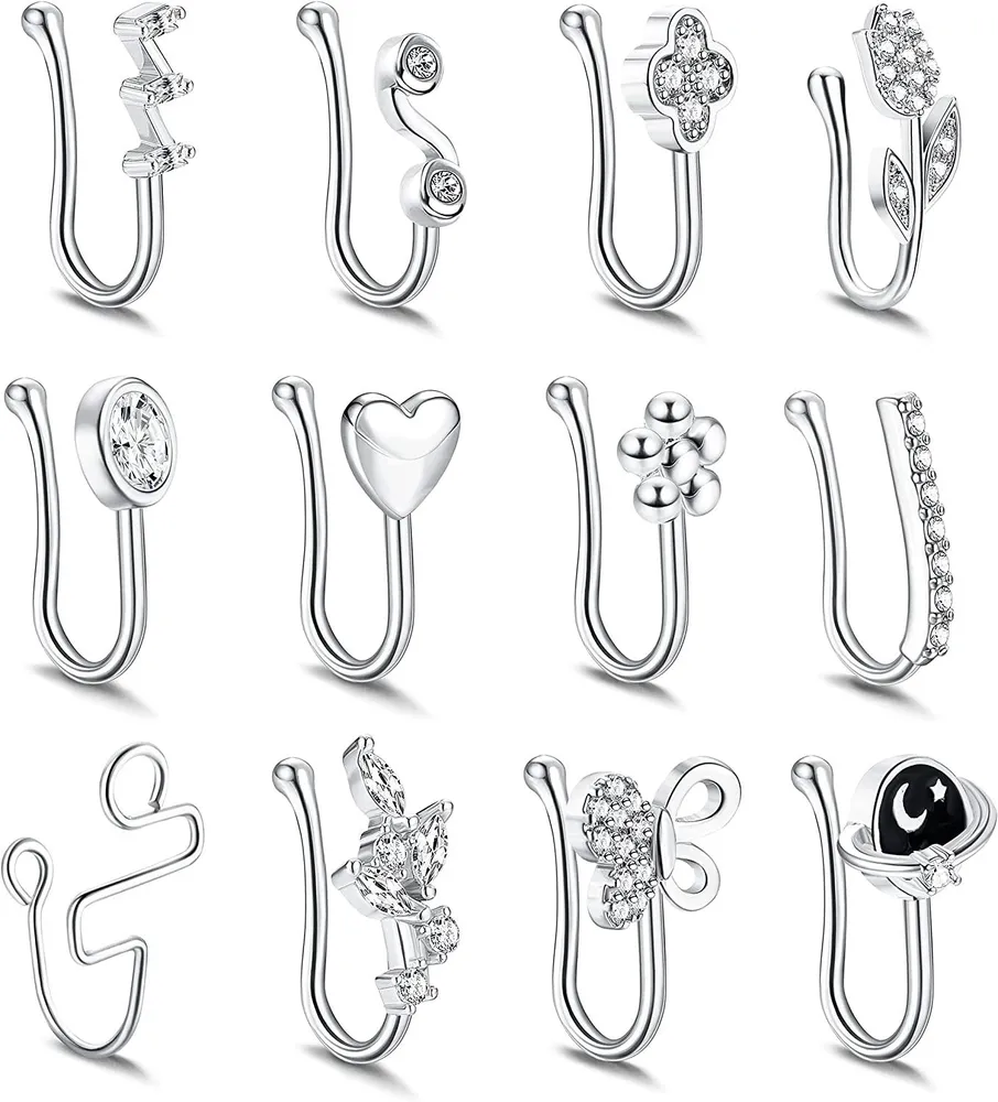 12pcs Falsche Nase Ring Schleife; Nasen Manschette für nicht durchdrungen für Frauen Männer; Afrikanische Nasen Manschette Faux Septum Nasen Piercing CZ-Schleife Ringe Clip On