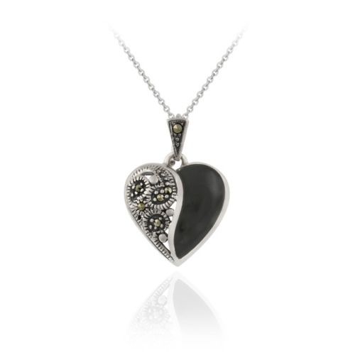 Sterling Silber Marcasite Onyx Herz Anhänger