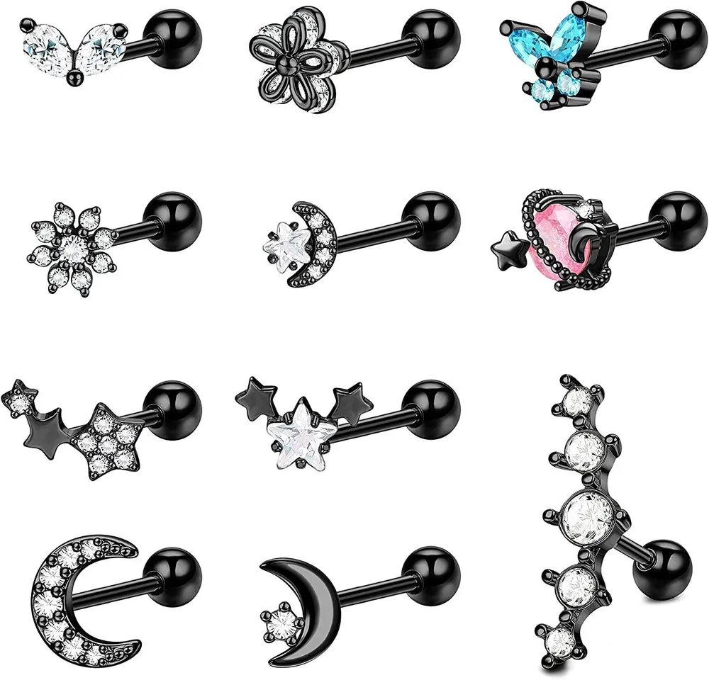 11pcs 16G Knorpel Ohrringe Studs Edelstahl CZ Vorwärts Helix Tragus Stud Ohrringe süße Schmetterling Mond und Stern Knorpel Daith Conch Ohr Piercing für Frauen